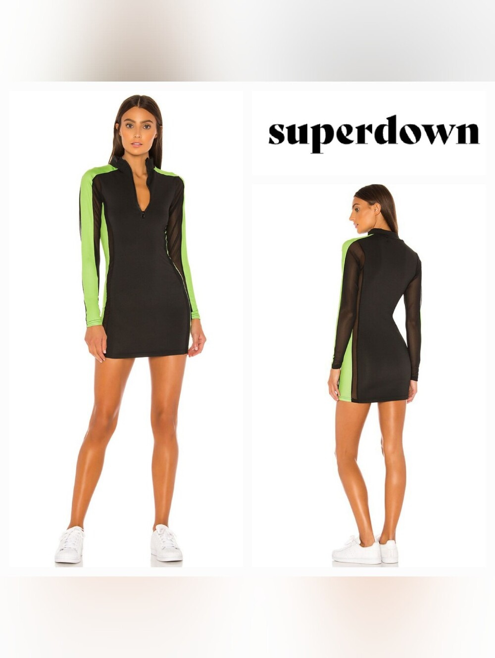 Superdown Blair Long Sleeve Mini Dress Black & Neon Green Sz S